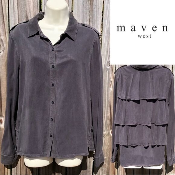Anthropologie Maven West Medium Gray Button Down Top Blouse Ruffle Shirt Long Sl - Picture 1 of 9